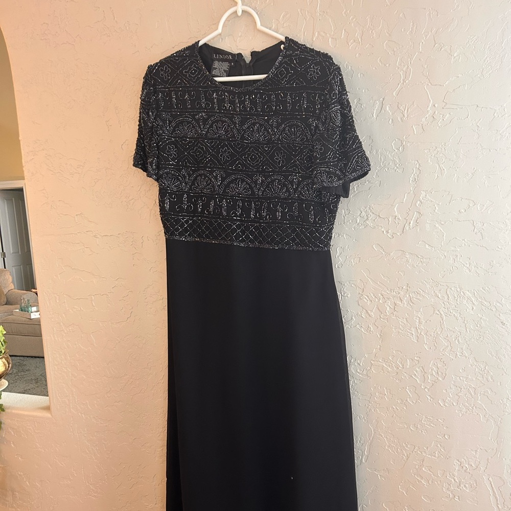 lindor short sleeve, beaded black gown